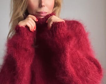 Mohair Turtleneck Sweater, Fuzzy Sweater, Oversized Sweater, Chunky sweater, Wool Sweater, Winter Pullover, Loose sweater, 100% Hand Made