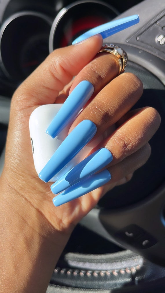 Baby Blue Press On Nails Xl Coffin Xl Square Winter Nails Etsy Denmark