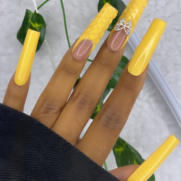 Baddie YellowPress On Nails| Long Nails| Wholesale| Square| Coffin| Matte| Summer| Trendy Nails| French| Birthday| Butterfly| Glossy| Nails|