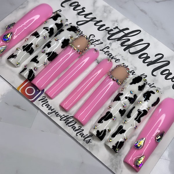 Pink Cow Press on Nails| White Nails| 3XL Nails| Square| Coffin| Black| Short Square| Fake Nails| Press On’s| 10 piece Long