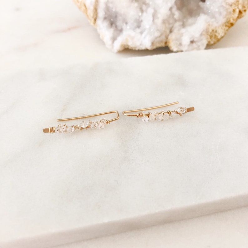 gold diamond ear crawler minimal gold earrings Herkimer diamond ear climber