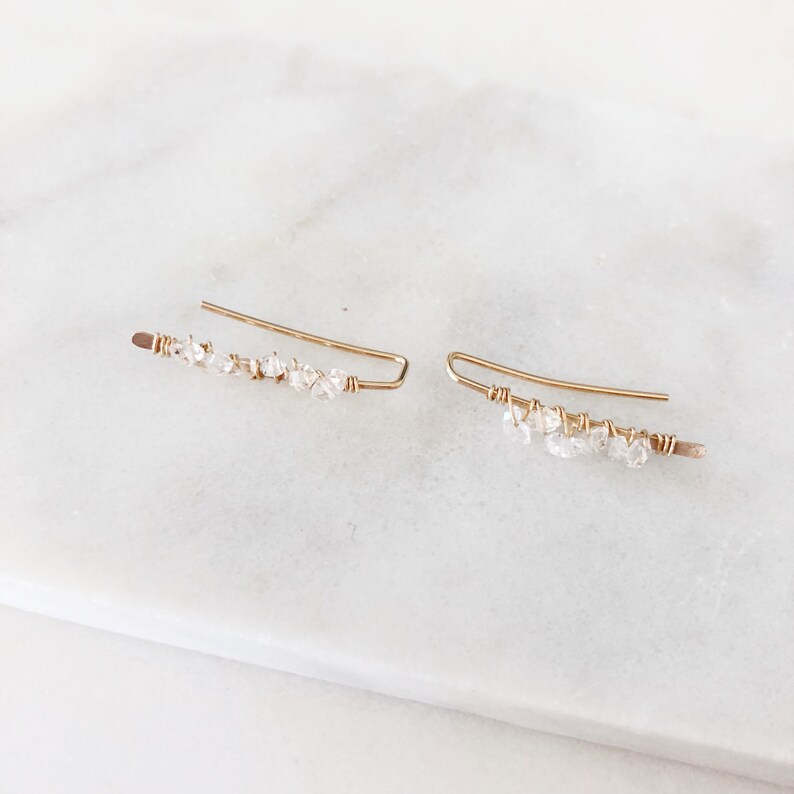 gold diamond ear crawler minimal gold earrings Herkimer diamond ear climber