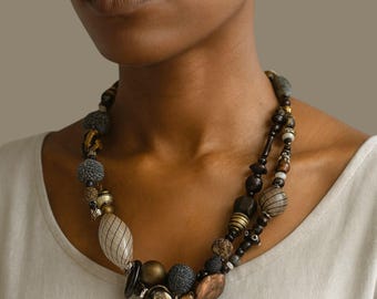 Murano Glass Statement Necklace: Hand-Blown Brown & Black Beads, Italian Artisan Jewelry