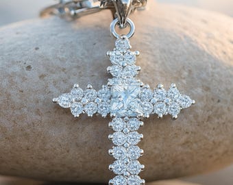 Sterling Silver Cross Necklace: Princess Cut CZ Christian Pendant