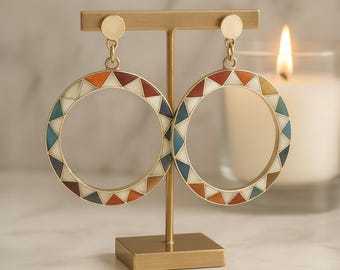 Peruvian Inlay Hoop Earrings: 950 Sterling Silver, Turquoise, Lapis & Mother of Pearl