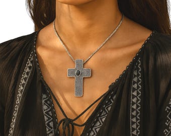 Handcrafted Sterling Silver Cross Pendant with Labradorite – 22” Byzantine Chain Included