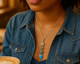 Sterling Silver Gemstone Lariat Necklace: Larimar, Abalone, Topaz & Mother of Pearl