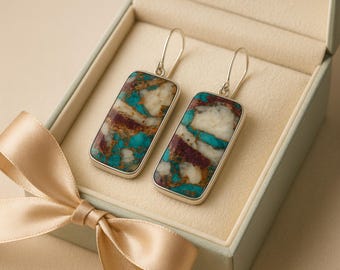 Oyster Turquoise Drop Earrings: Sterling Silver Boho Gemstone Dangles