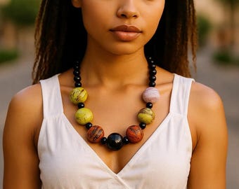 Murano Glass Bead Statement Necklace: Venetian Bronze, Gold & Yellow