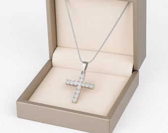 Sterling Silver Cross Necklace: CZ Princess Cut Pendant, Serpentine Chain