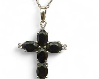 Black Spinel Cross Pendant: Sterling Silver Necklace with CZ Accents