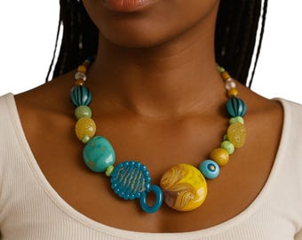 Hand-Blown Murano Glass Beaded Necklace: Teal & Yellow Venetian Jewelry