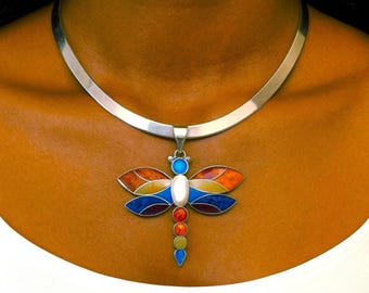 Sterling Silver Dragonfly Necklace: Peruvian Shell Inlay, Artisan Collar