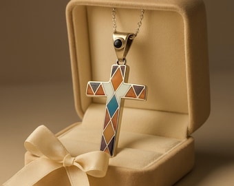 Sterling Silver Cross Pendant: Lapis, Turquoise, Spondylus Shell Inlay - 20" Chain