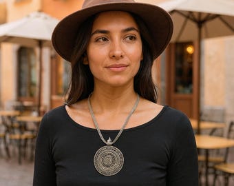Handcrafted Sterling Silver Medallion Necklace – Woven Wheat Chain, Statement Pendant
