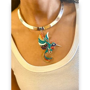 Sterling Silver Hummingbird Collar Necklace: Peruvian Inlay Spondylus, Lapis & Turquoise