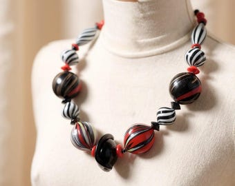 Handblown Murano Glass Bead Necklace: Black, Red, & White Venetian Art