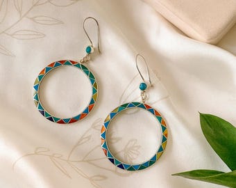Peruvian Inlay Hoop Earrings: 950 Sterling Silver, Turquoise, Spondylus - 4cm