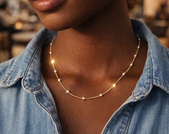 Dainty CZ Beaded Gold Vermeil Necklace – 16" Minimalist Chain