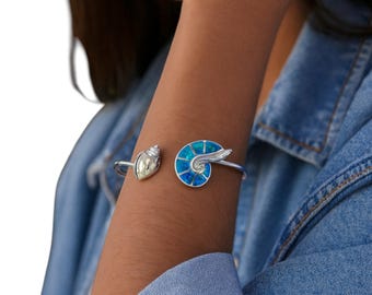 Sterling Silver Hinged Cuff Bracelet: Conch & Nautilus Shell Inlay