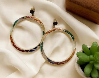 Peruvian Inlay Hoop Earrings: 950 Sterling Silver, Mother of Pearl, Lapis Lazuli