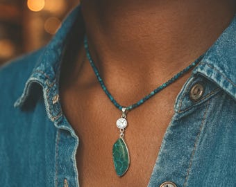 Azurite Malachite and Blue Topaz Pendant Necklace, 18 Inch Sterling Silver Beaded Jewelry, Elegant Gift for Her, Layering Boho Jewelry