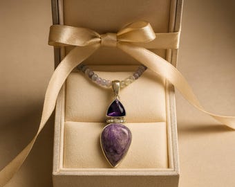 Charoite & Amethyst Pendant Necklace – Handmade Gemstone Jewelry in Sterling Silver