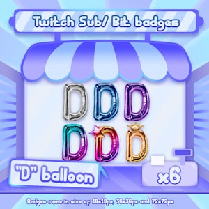 6 insignias de sub de Twitch / insignias de bit de Twitch - Insignias de letra D / insignias de globo de letras