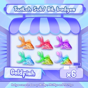 6 x Twitch bit badges / Twitch sub badges - Goldfish badges / Fish badges