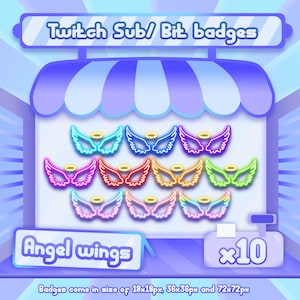 Op de afbeelding: Een digitale winkel met een neonbord met de tekst "Twitch Sub/ Bit badges". De winkel verkoopt een set van 10 engelenvleugelbadges in verschillende kleuren. De tekst "Angel wings" en "x10" wordt onder de badges weergegeven. De tekst "Badges come in size of 18x18px, 36x36px and 72x72px" staat onderaan de afbeelding.