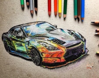 Car drawing, car lovers, vehicle sketch, original car portrait, coloured illustration