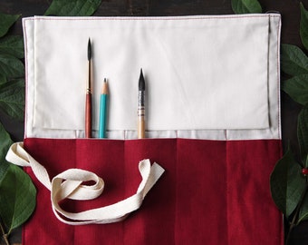 Artist Brush Roll - Wine - Linen Blend - Brush Organizer - Pen Roll - Artist Travel Case - Gift for Artist - Brush Storage - Pencil Case