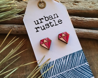 Pink diamond wooden stud earrings - geometric studs - wooden jewelry - wooden jewellery - geometric wooden earrings - geometric jewelry