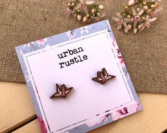 Mini PINK Origami crane earrings- Paper crane studs- origami studs- Japanese earrings- Paper crane earrings- wooden studs- handmade earrings