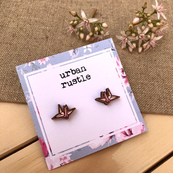 Mini PINK Origami crane earrings- Paper crane studs- origami studs- Japanese earrings- Paper crane earrings- wooden studs- handmade earrings