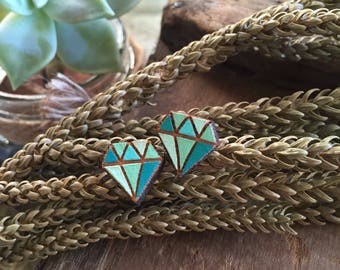 Green diamond wooden stud earrings - geometric studs - wooden jewelry - wooden jewellery - geometric wooden earrings - geometric jewelry