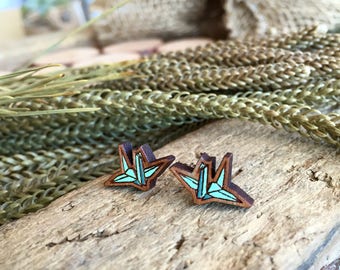 Mini GREEN Origami crane earrings- Paper crane studs- origami studs- Japanese earrings- Paper crane earrings- wooden studs- bird earrings