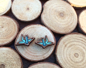 Mini BLUE Origami crane earrings- Paper crane studs- origami studs- Japanese earrings- Paper crane earrings- wooden studs- handmade earrings