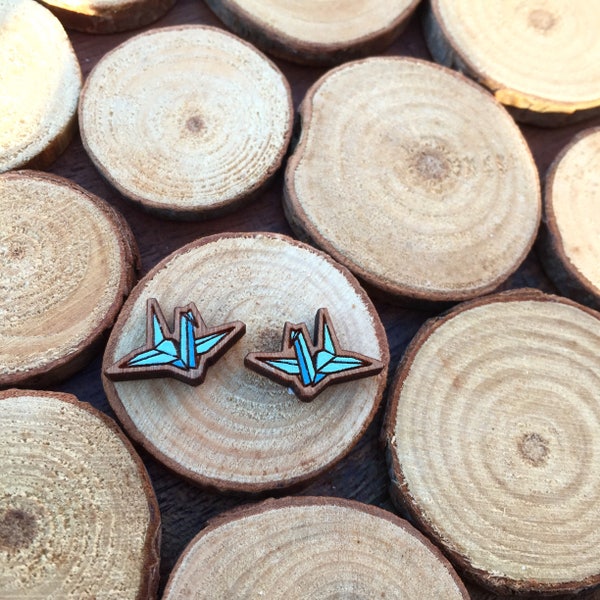 Mini BLUE Origami crane earrings- Paper crane studs- origami studs- Japanese earrings- Paper crane earrings- wooden studs- handmade earrings