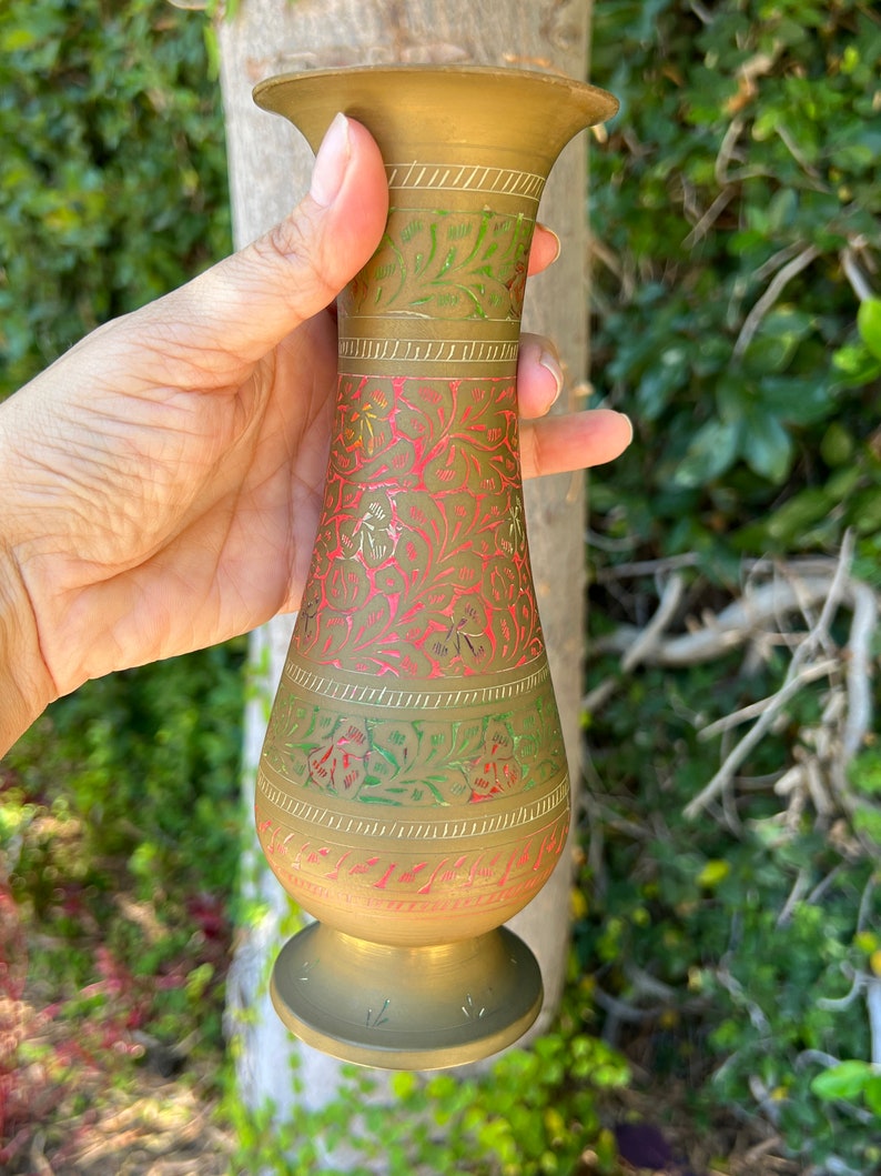 Vintage Etched Brass Vase Indian Brass Made in India Indian Etsy