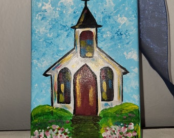 Original hand painted acrylic rustic little church red door on 5 x 7 canvas  "Church Red Door"  # 47