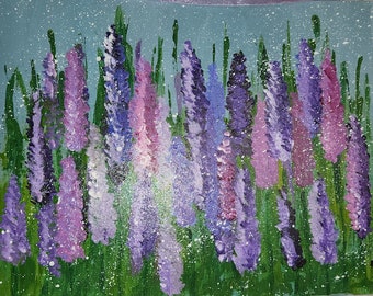 Hand painted acrylic floral impressionist  11 x 14 canvas panel "Field of Lilacs and Bluebonnet" #15