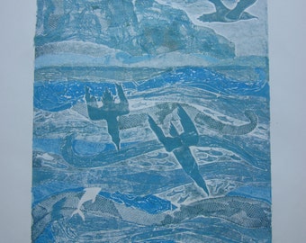 Sink or Swim collagraph print, nature, handmade, bird print, gannets, sea