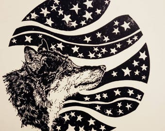 Stargazing linocut print, wolf, nature, handmade, stars, night sky