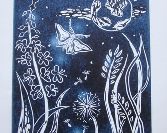 Moth and the Moon linocut print, moth print, nature, flowers, stars, night sky