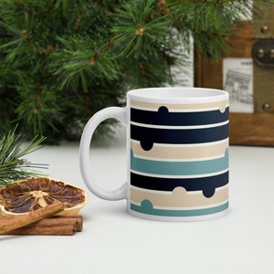 Glossy White Ceramic Mug: Blue Turquoise Beige Stripe Pattern