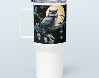 Stylish Owl Illustrated Stainless Steel Travel Mug with Secure Handle, 25oz - Perfect for Hot & Cold Beverages
