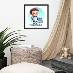 May include: A digital illustration of a young boy in a white astronaut suit standing next to a small robot. The boy is smiling and the robot has a blue light on its head. The background is a light blue with white stars.
