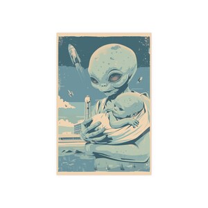Cartel retro de ciencia ficción alienígena y niño - Impresión de arte espacial vintage, arte de pared de lanzamiento de cohetes - Decoración extraterrestre única - Múltiples tamaños