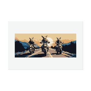 Stampa di poster arrotolati "Rev Up Rabbits" / Fine Art, semilucida, carta opaca / Viaggio in moto con coniglietto di lepre / Design originale Arte vettoriale